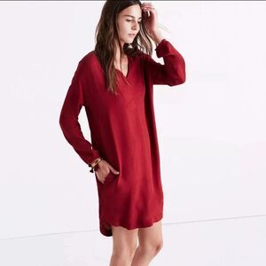 Madewell Du Jour 3/4 Sleeve Burgundy Tunic V Neck Pocket Pullover Shirt Dress  M